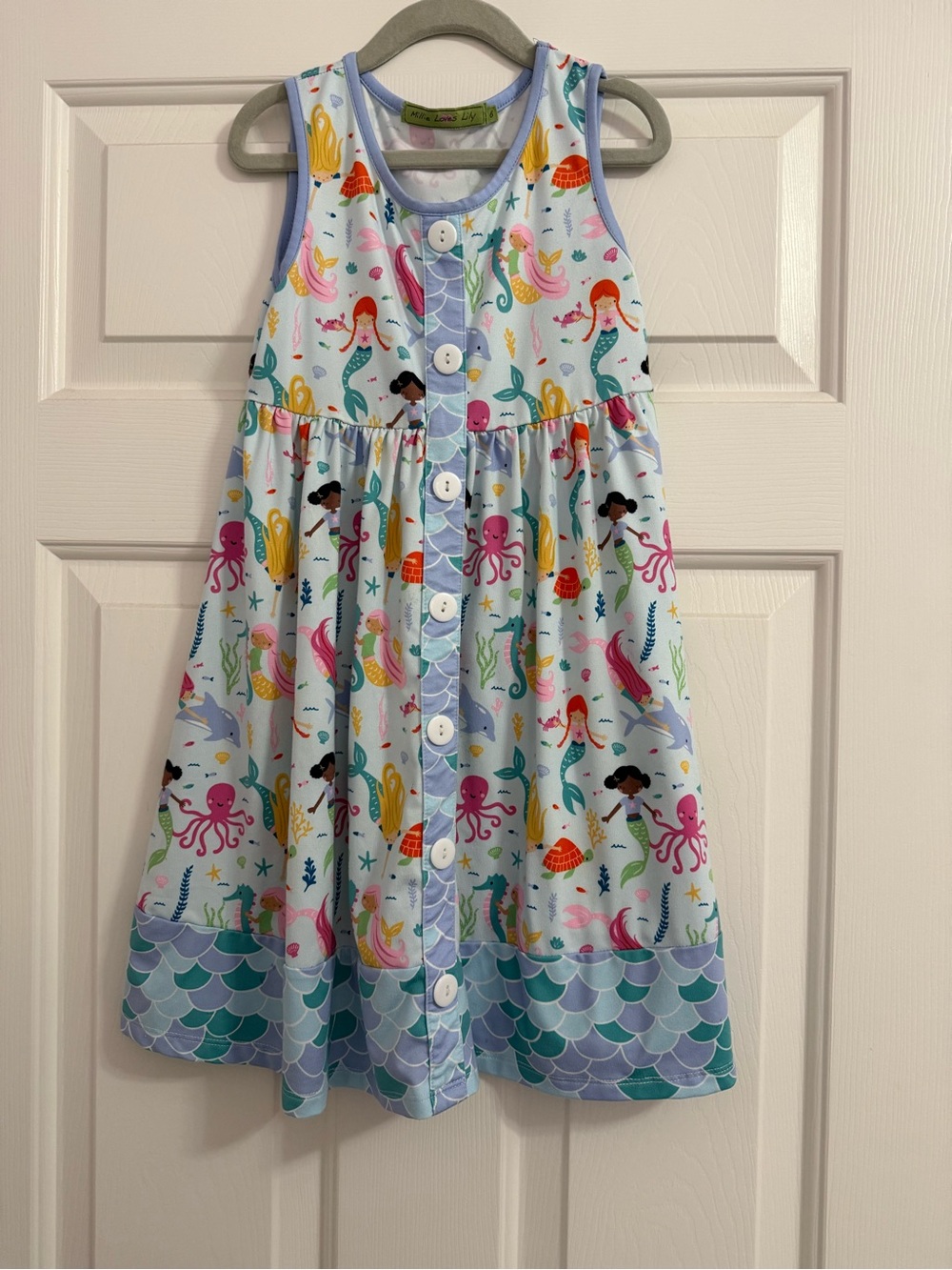 Girls' Light Blue Mermaid & Sea Life Button-Front Dress